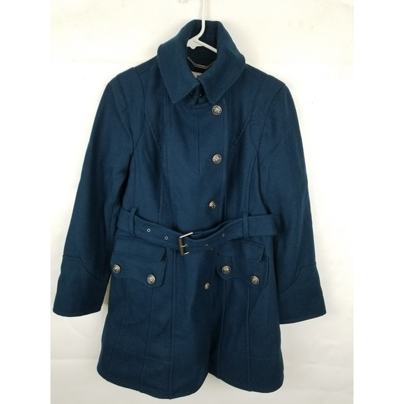 Womens Worthington SZ M Blue Belted Wool Blend Pea Coat Dress Heavy Career - Picture 1 of 12